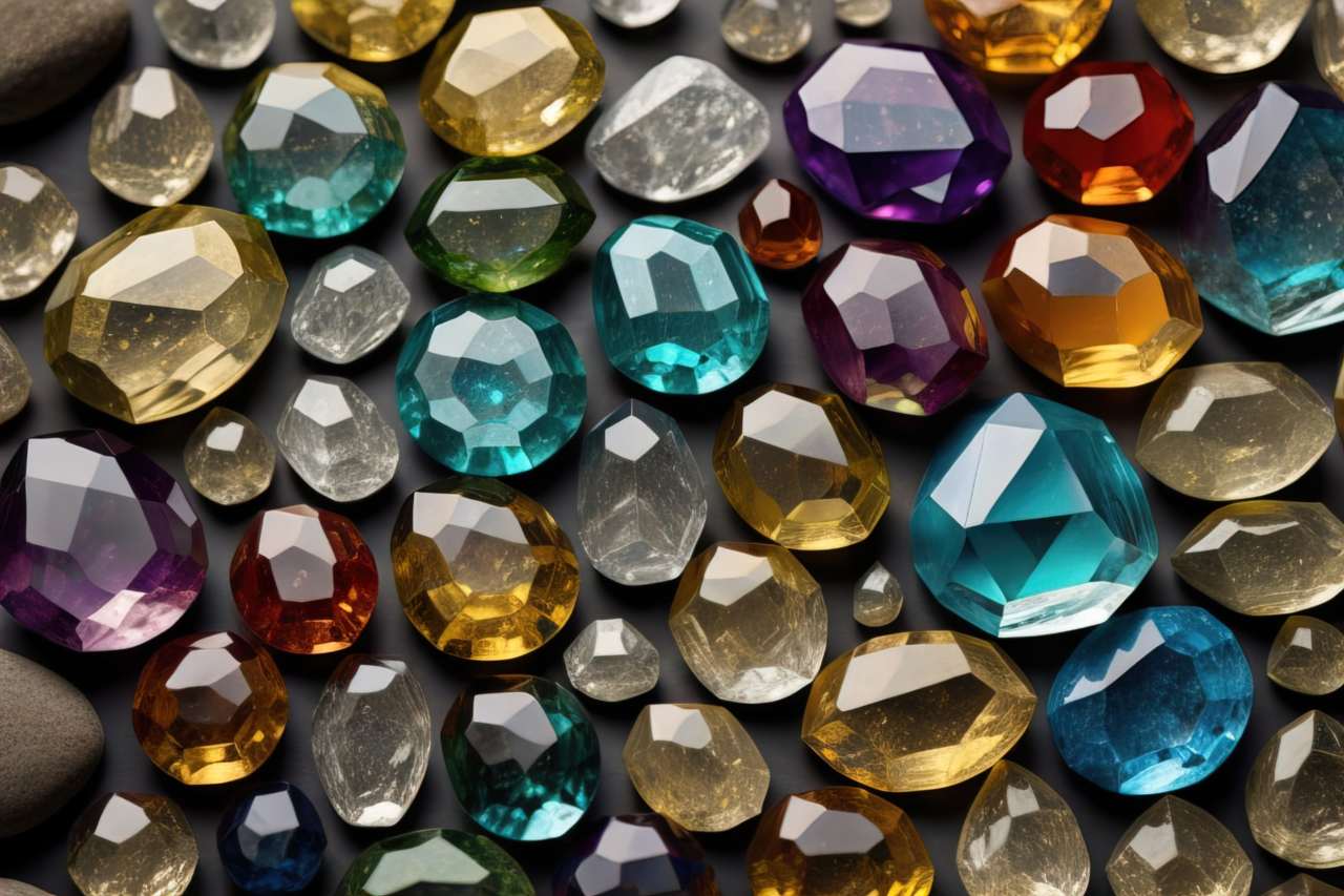 Colorful gemstones on black wooden table