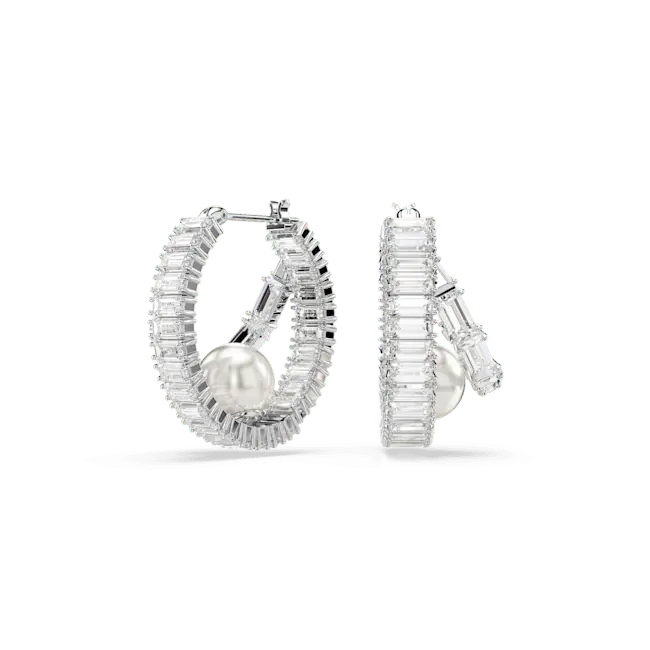 Ariana Grande x Swarovski Hoop Earrings Crystal Pearl Baguette Cut White Rhodium Plated - Bluestreak Crystals