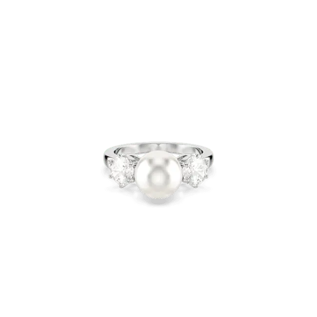 Swarovski Matrix Cocktail Ring Crystal Pearl Round Cut White Rhodium Plated - Bluestreak Crystals