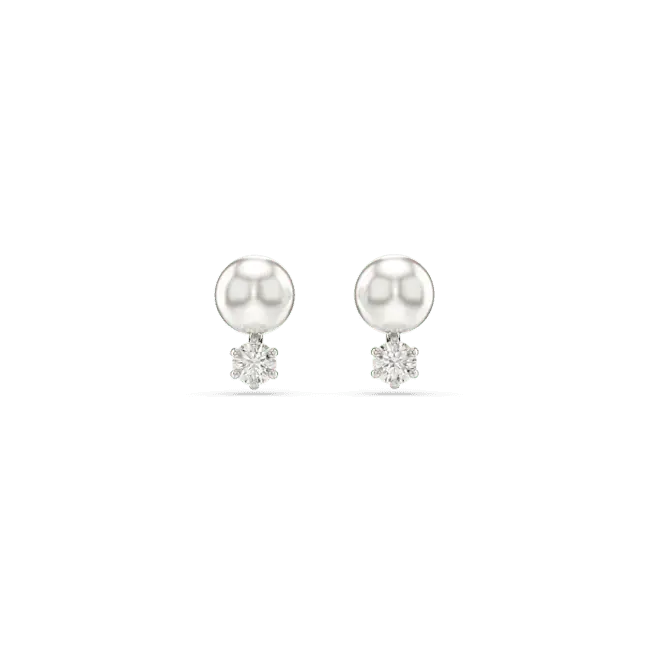 Swarovski Matrix Stud Earrings Crystal Pearl Round Cut White Rhodium Plated - Bluestreak Crystals