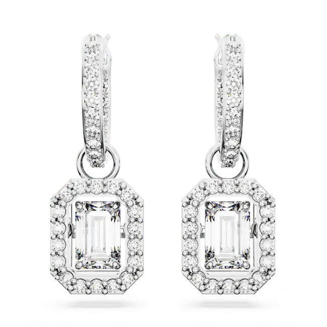 Swarovski Una Drop Earrings Octagon Cut Pave White Rhodium Plated - Bluestreak Crystals