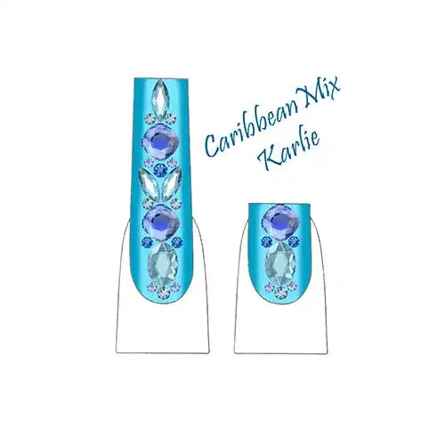 Karlie nail art design showing crystal placement for short and long nails with Serinity rhinestones