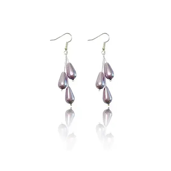 DIY Pearl cluster drop earrings using Preciosa Pearls Pear, Silver Plated crimp beads, Silver Plated 2” flat headpins and Silver Plated fish hook ear wires.