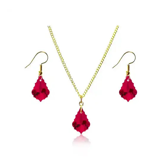 Swarovski Crystals Ruby Pendant necklace and earrings set with Gold Trace Chain Necklace, Gold Plated Stirrup Bail, and Gold-Plated fishhook ear wires from Bluestreak Crystals  