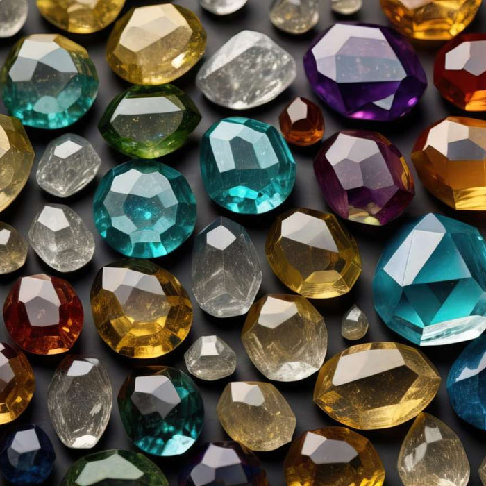 Colorful gemstones on black wooden table
