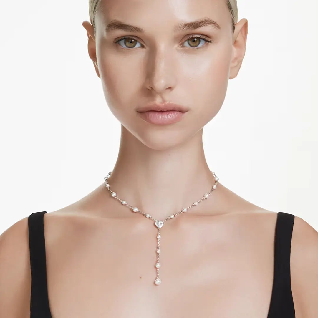 Ariana Grande x Swarovski Y Necklace Crystal Pearl Heart White Rhodium Plated