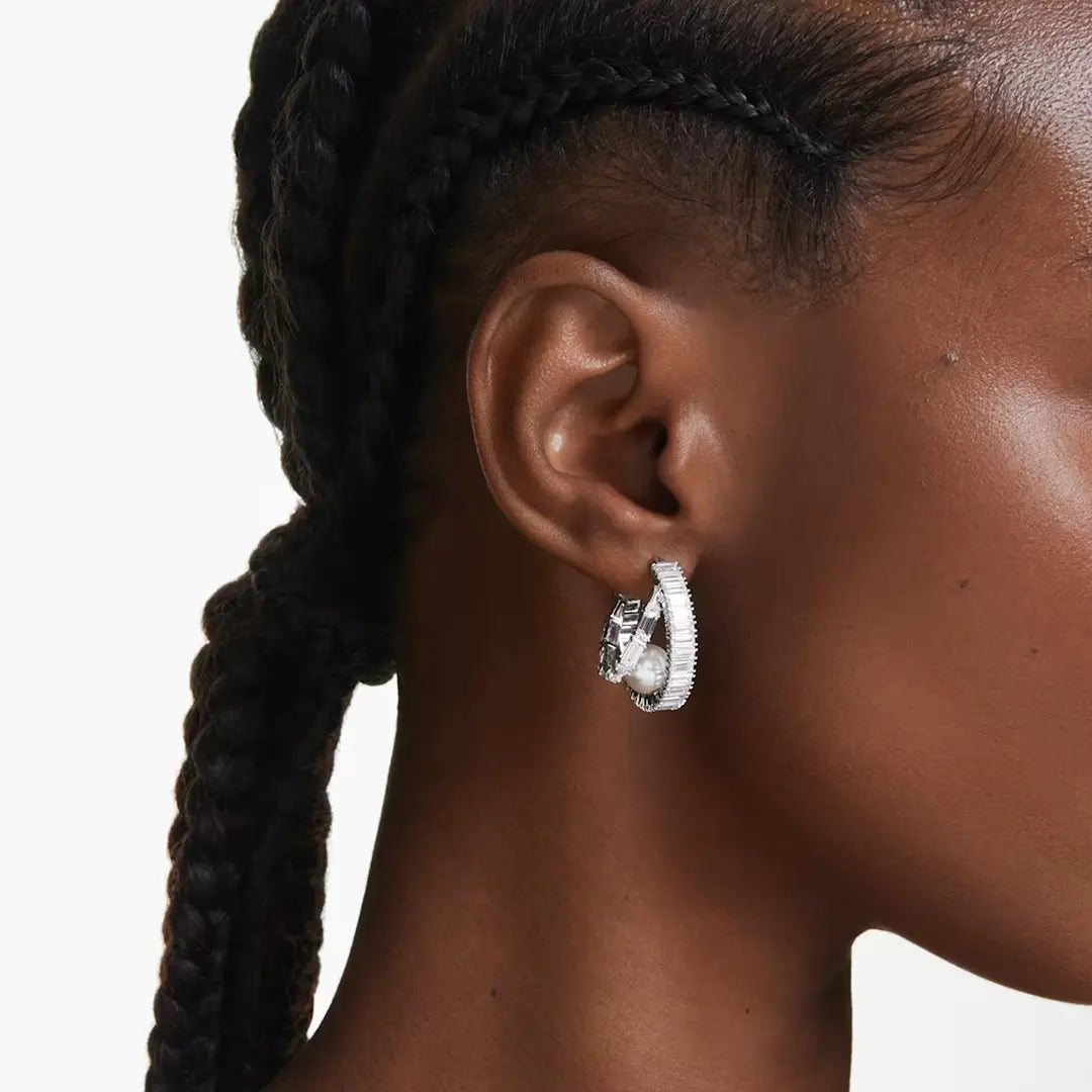 Ariana Grande x Swarovski Hoop Earrings Crystal Pearl Baguette Cut White Rhodium Plated