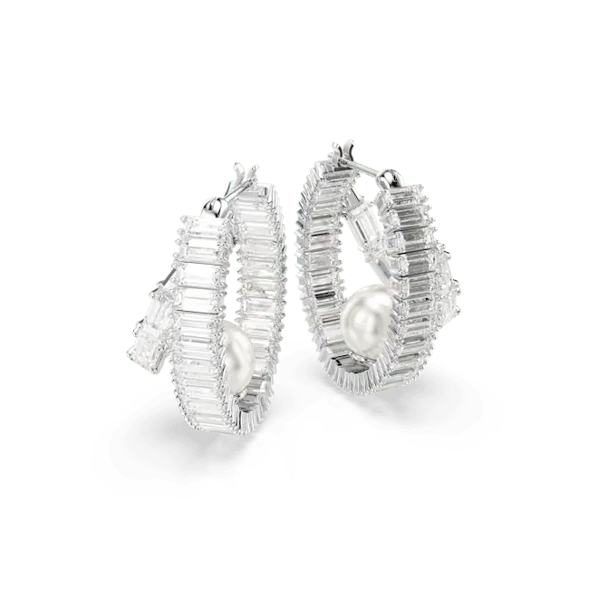 Ariana Grande x Swarovski Hoop Earrings Crystal Pearl Baguette Cut White Rhodium Plated - Bluestreak Crystals