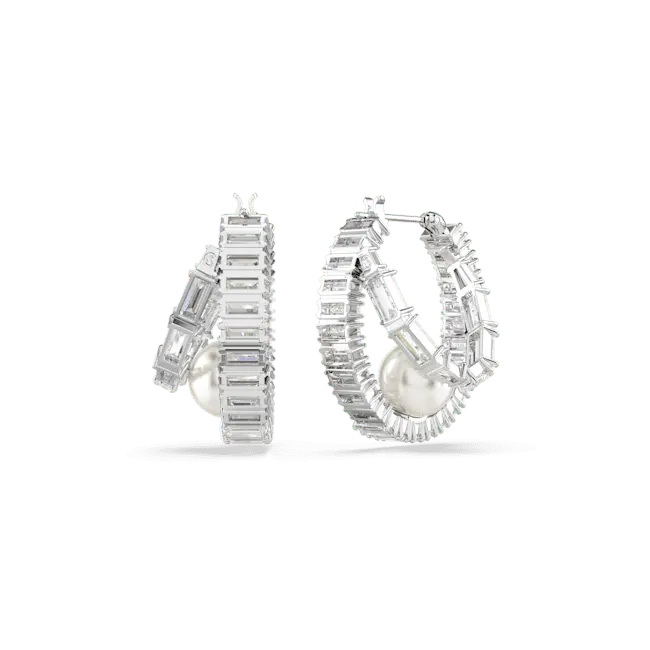 Ariana Grande x Swarovski Hoop Earrings Crystal Pearl Baguette Cut White Rhodium Plated - Bluestreak Crystals