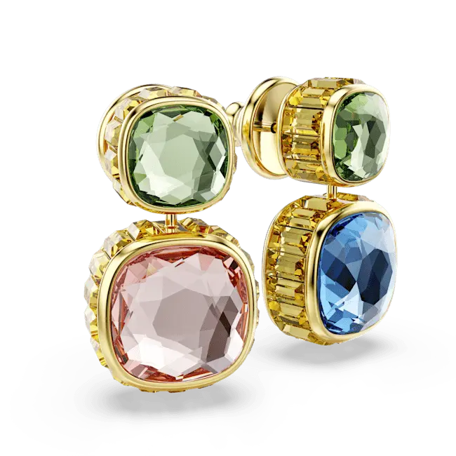 Swarovski Chroma Drop Earrings Cushion Cut Multicoloured Gold-Tone Plated - Bluestreak Crystals
