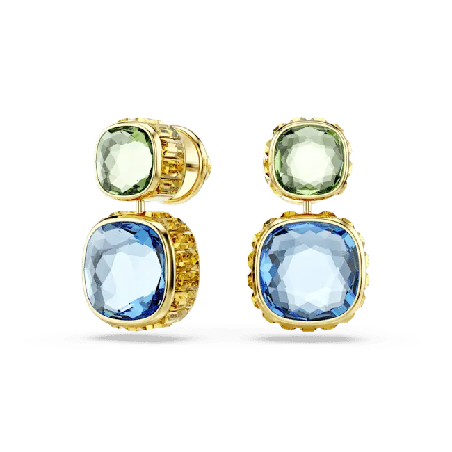 Swarovski Chroma Drop Earrings Cushion Cut Multicoloured Gold-Tone Plated - Bluestreak Crystals
