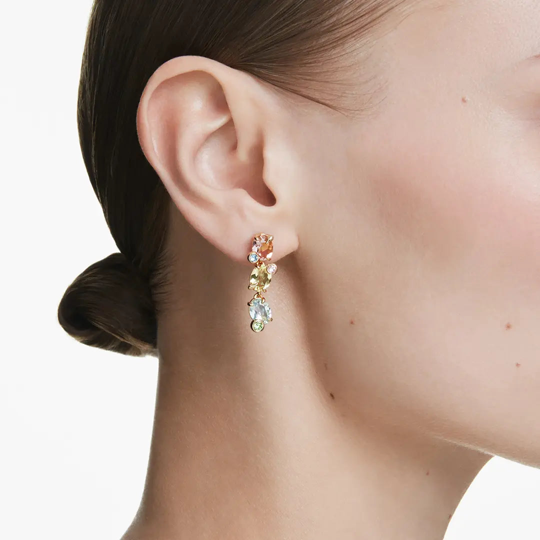Swarovski Gema Drop Earrings Asymmetrical Mixed Cuts Multicolored Gold-Tone Plated - Bluestreak Crystals