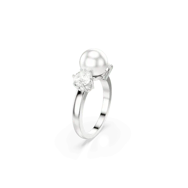 Swarovski Matrix Cocktail Ring Crystal Pearl Round Cut White Rhodium Plated - Bluestreak Crystals
