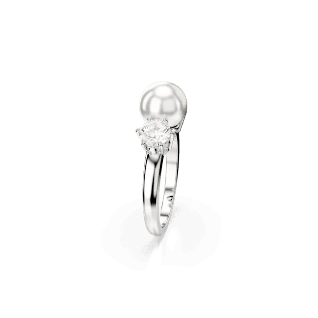 Swarovski Matrix Cocktail Ring Crystal Pearl Round Cut White Rhodium Plated - Bluestreak Crystals