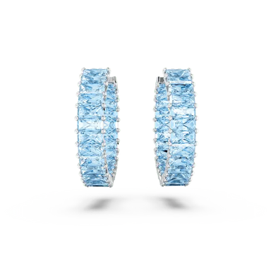 Swarovski Matrix Hoop Earrings Baguette Cut Blue Rhodium Plated - Bluestreak Crystals