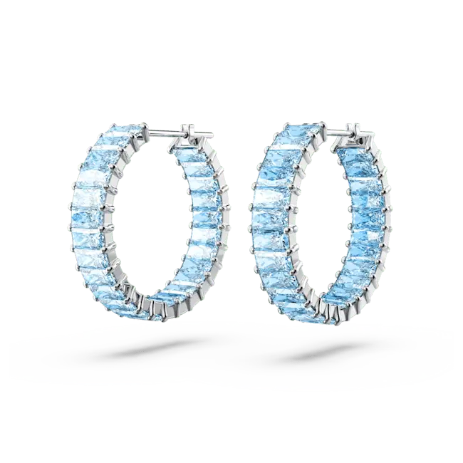 Swarovski Matrix Hoop Earrings Baguette Cut Blue Rhodium Plated - Bluestreak Crystals