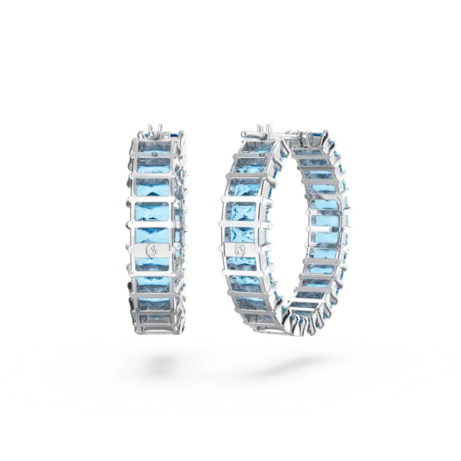 Swarovski Matrix Hoop Earrings Baguette Cut Blue Rhodium Plated - Bluestreak Crystals