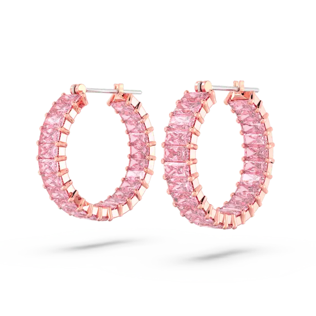 Swarovski Matrix Hoop Earrings Baguette Cut Pink Rose Gold-Tone Plated - Bluestreak Crystals