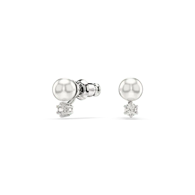 Swarovski Matrix Stud Earrings Crystal Pearl Round Cut White Rhodium Plated - Bluestreak Crystals