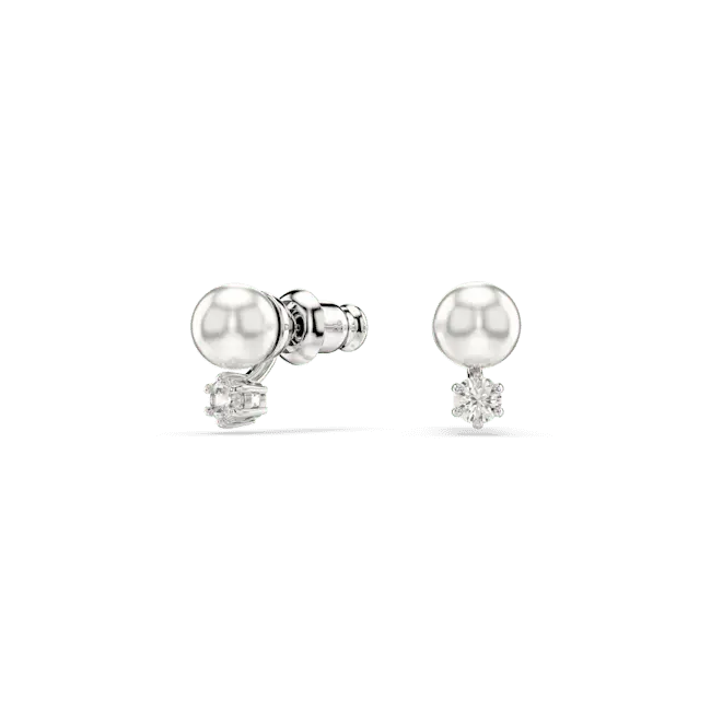 Swarovski Matrix Stud Earrings Crystal Pearl Round Cut White Rhodium Plated - Bluestreak Crystals