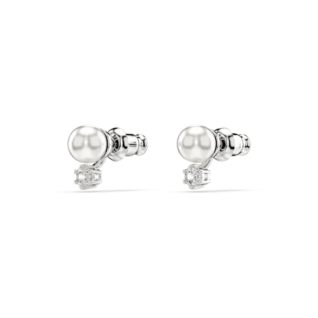 Swarovski Matrix Stud Earrings Crystal Pearl Round Cut White Rhodium Plated - Bluestreak Crystals